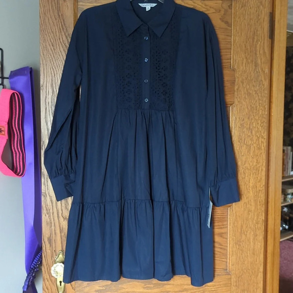 NWT Ophelia Roe Navy Collared Ruffle Dress Size M - Picture 2 of 8